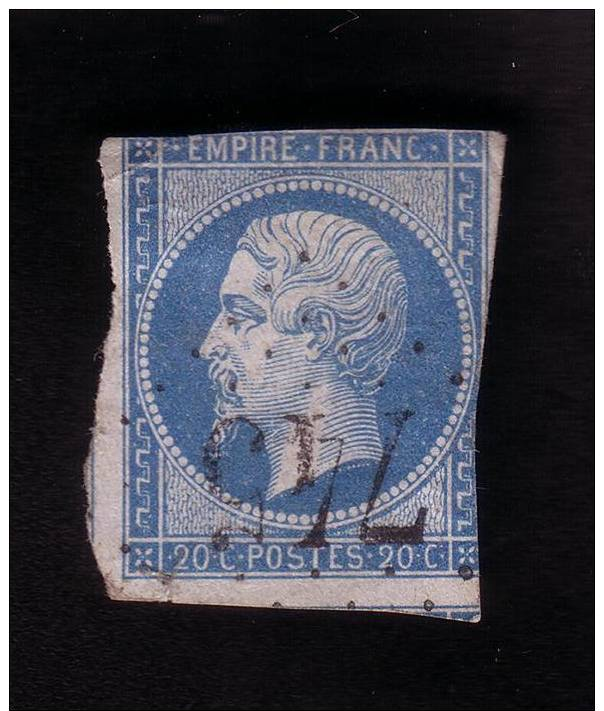 France N° 14 A  20 C. Bleu  Napoléon III. Légende EMPIRE FRANC. GC 745 CASSEL - 1853-1860 Napoléon III