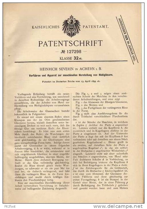 Original Patentschrift - H. Severin In Achern I.B., 1899 , Apparat Für Hohlglas , Glas !!! - Glass & Crystal