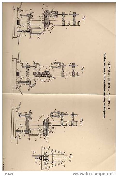 Original Patentschrift - H. Severin In Achern I.B., 1899 , Apparat Für Hohlglas , Glas !!! - Glas & Kristall