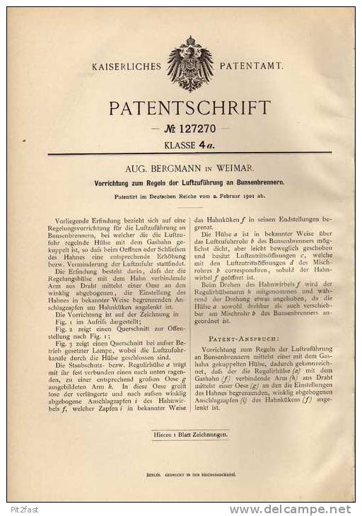 Original Patentschrift - A. Bergmann In Weimar , 1901 , Regelelung Für Bunsenbrenner , Brenner !!! - Historische Dokumente