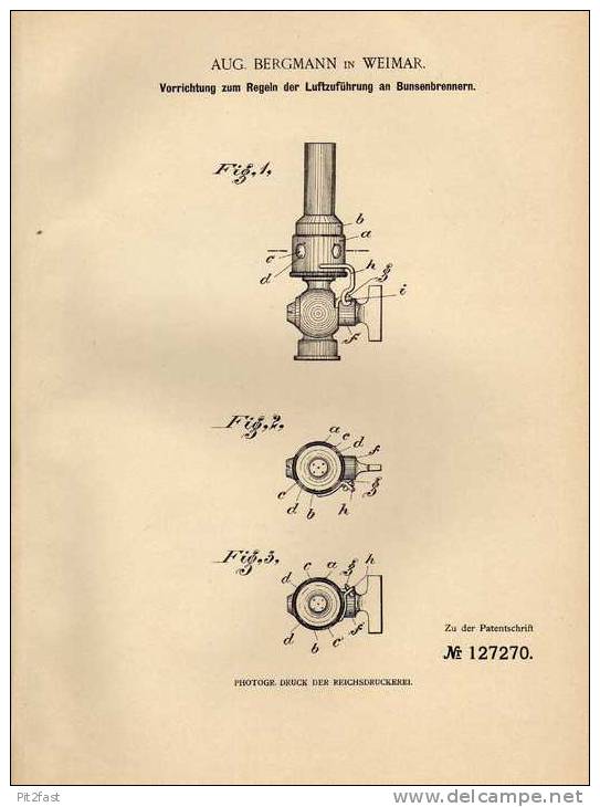 Original Patentschrift - A. Bergmann In Weimar , 1901 , Regelelung Für Bunsenbrenner , Brenner !!! - Historische Dokumente