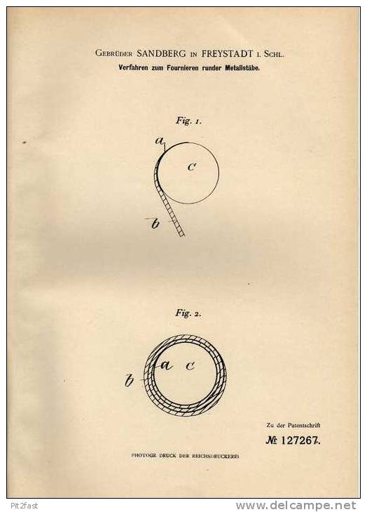 Original Patentschrift - Gebr. Sandberg In Freystadt I. Schl., 1900 , Fournieren Von Metallstäben , Kozuchow !!! - Historische Dokumente
