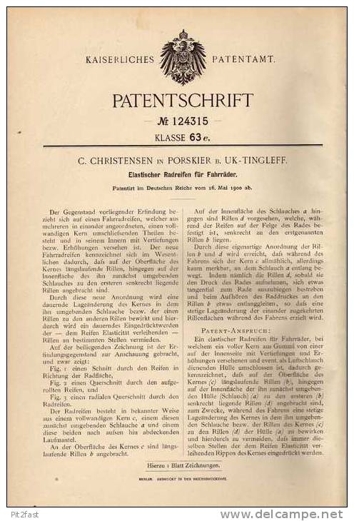 Original Patentschrift - C. Christensen In Porskier B. Tingleff / Tinglev Sogn ,1900, Elastischer Reifen Für Fahrrad !!! - Historische Dokumente