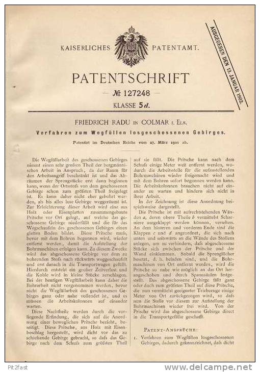 Original Patentschrift - F. Radu In Colmar I. Els., 1901 , Abtransport Von Gebirge , Bergbau , Bergwerk , Tunnel  !!! - Documents Historiques