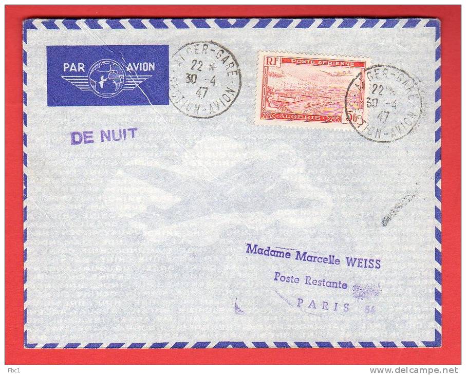 Pli -Algérie -  1° Vol Postal De Nuit Alger - Paris - 30/04/1947 - Cachet Alger-Gare Section Avion - Airmail