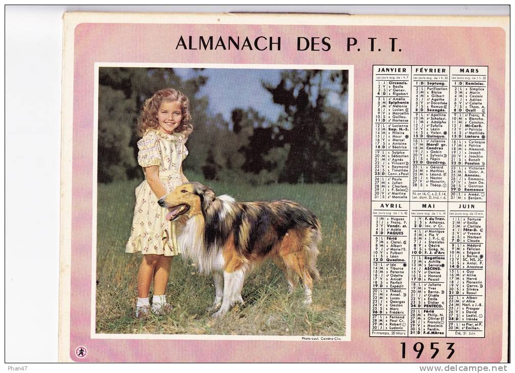 Almanach Des PTT 1953 " Jeune Fille Et Collet / Enfant Et Bonhomme De Neige  "  Chien, Neige, OBERTHUR - Grossformat : 1941-60