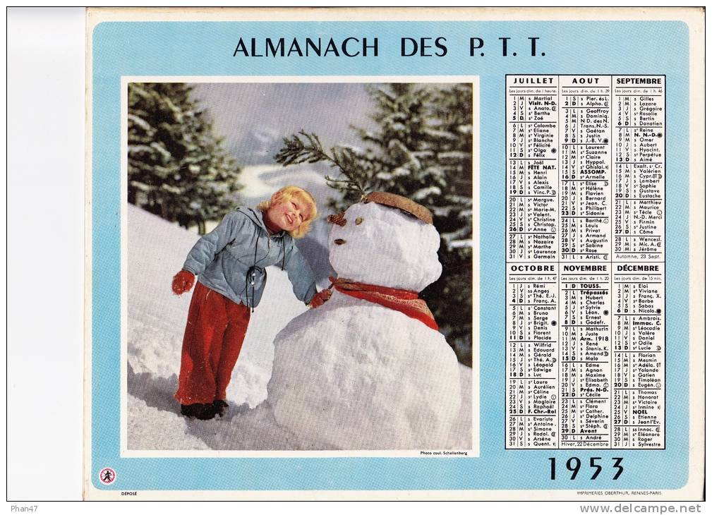 Almanach Des PTT 1953 " Jeune Fille Et Collet / Enfant Et Bonhomme De Neige  "  Chien, Neige, OBERTHUR - Grand Format : 1941-60