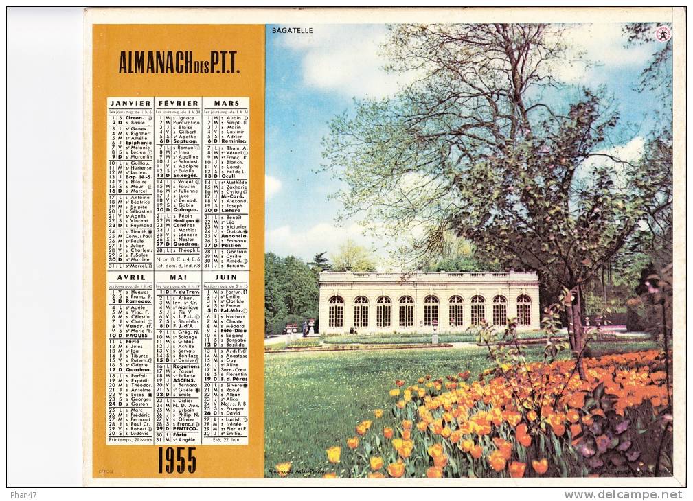 Almanach Des PTT 1955 "Bagatelle / Les Tuileries "  Paris, Orangeraie, Jardin Public, Fleurs, OBERTHUR - Grand Format : 1941-60