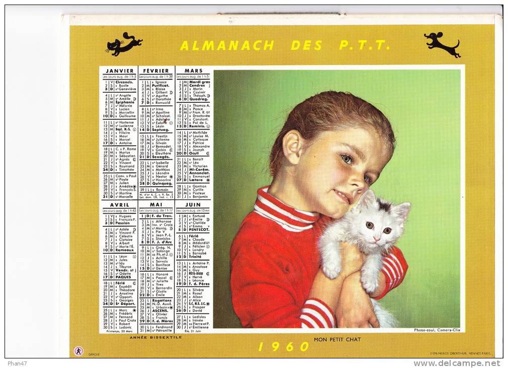 Almanach Des PTT 1960 "mon Petit Chat / Un Vieux Copain" Chien, Chaton, Enfants,  OBERTHUR - Grossformat : 1941-60