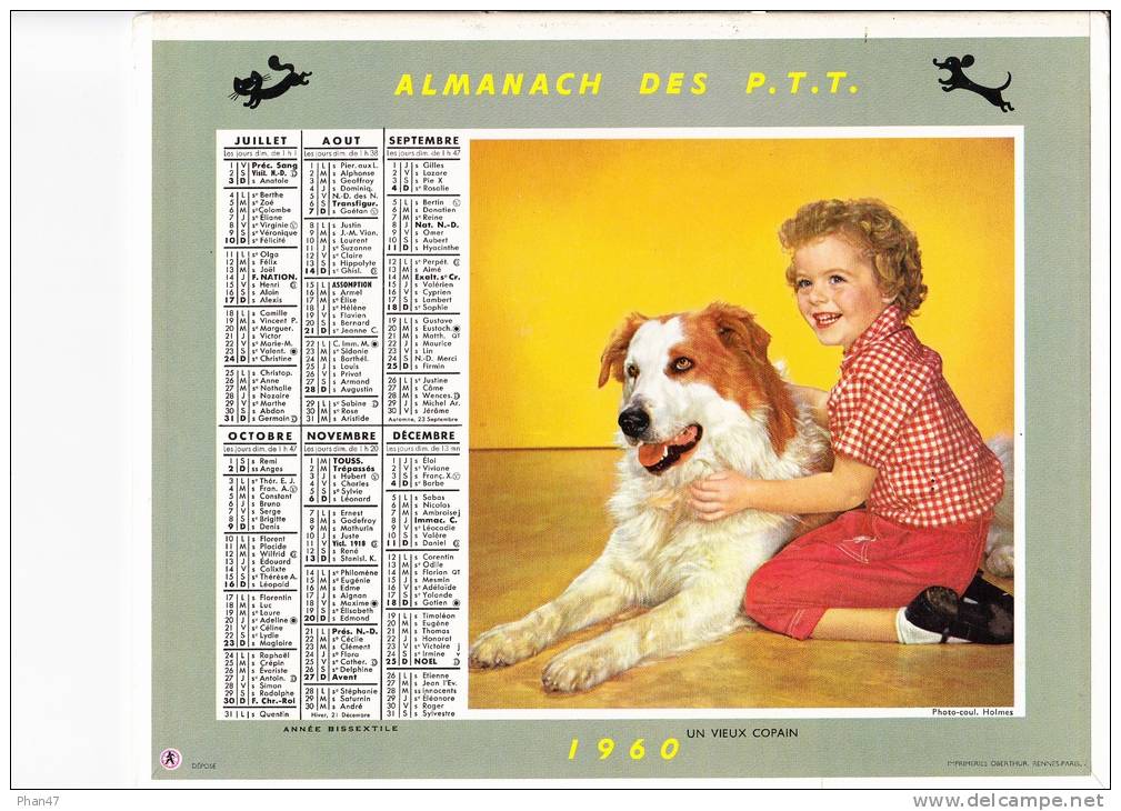 Almanach Des PTT 1960 "mon Petit Chat / Un Vieux Copain" Chien, Chaton, Enfants,  OBERTHUR - Grand Format : 1941-60