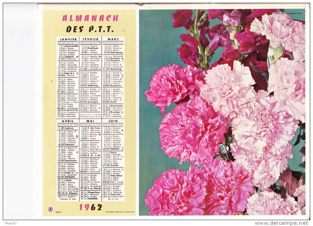 Almanach Des PTT 1962 "fleurs / Fruits" Oeillets, Raisins Citrons, Pommes, Ananas, Maïs, Panier OBERTHUR - Formato Grande : 1961-70