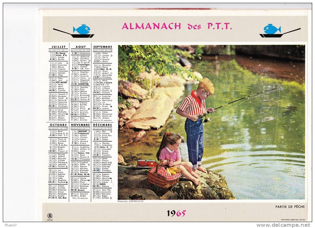 Almanach Des PTT 1965 "dans Le Verger / Partie De Pêche"  Enfants, Vaches, Bulles, Moulinet, Panier, Valisette  OBERTHUR - Grand Format : 1961-70