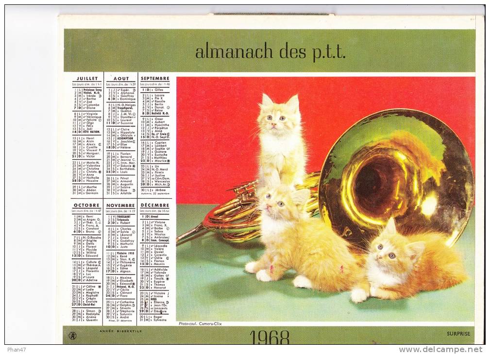 Almanach Des PTT 1968 "trio / Surprise" Chiens Fox Terrier, Chatons, Cor D'harmonie OBERTHUR - Big : 1961-70