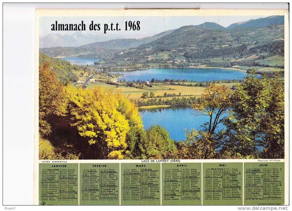 Almanach Des PTT 1968 "Lacs De Laffrey (Isère) / La Baule (Loire-Atlantique)" Alpes, Voilier, Baigneurs, Plage  OBERTHUR - Grand Format : 1961-70