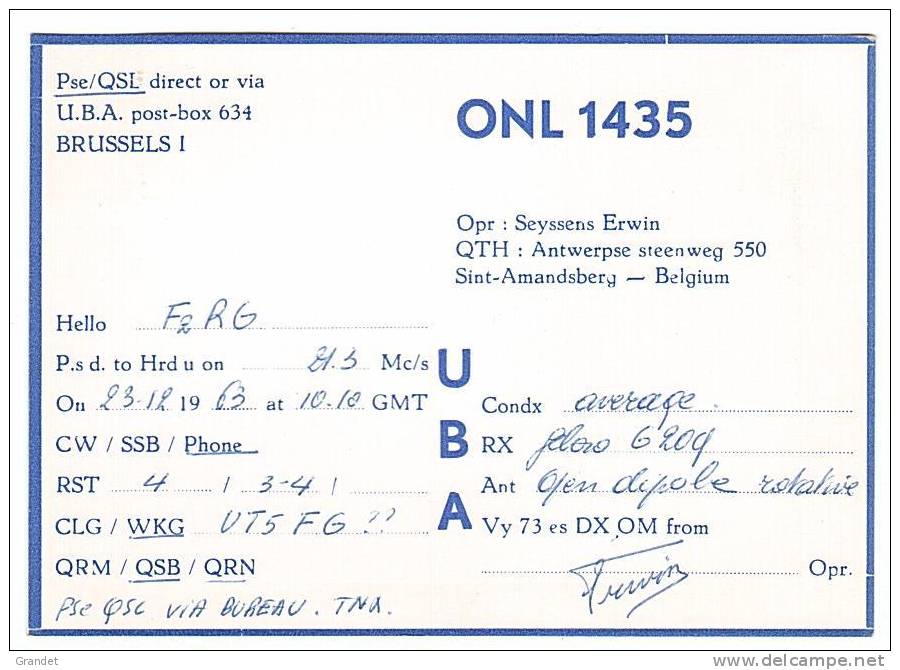 CARTE RADIO QSL - BELGIQUE - SINT AMANDSBERG - 1963. - Radio Amateur