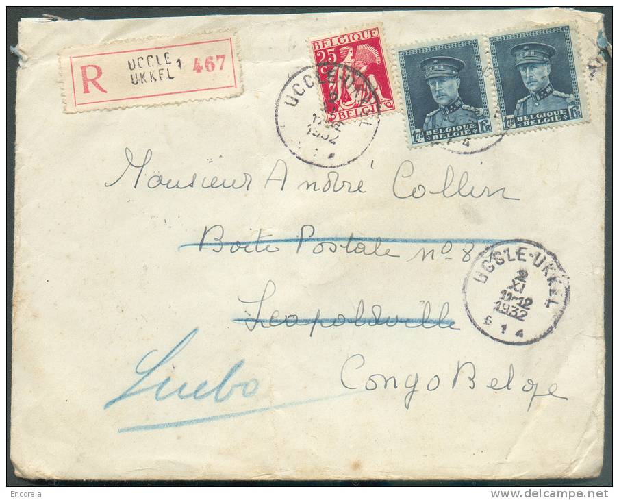 1Fr.75  KEPI (paire) + 25 Cent. CERES Obl. Sc UCCLE 1 S/L. Recommandée Du 2-XI-1932 Vers Léopoldville (Congo Belge), (bi - 1931-1934 Kepi