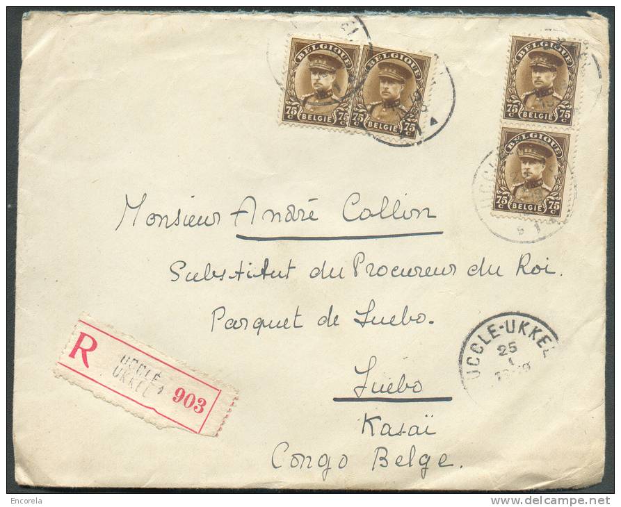 75cent.   KEPI (x4)  Obl. Sc UCCLE 1 S/L. Recommandée Du 25-I-1933 Vers Luebo - 7658 - 1931-1934 Képi