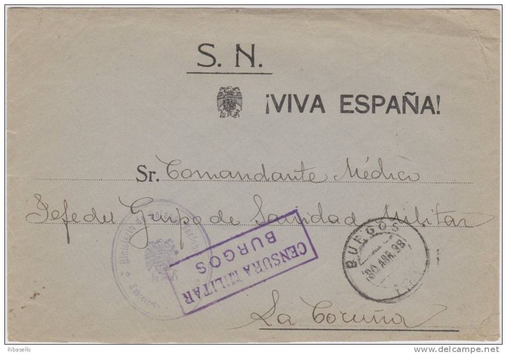 España 1938. Carta Servicio Nacional De Burgos A La Coruña. Censura. - Marcas De Censura Nacional