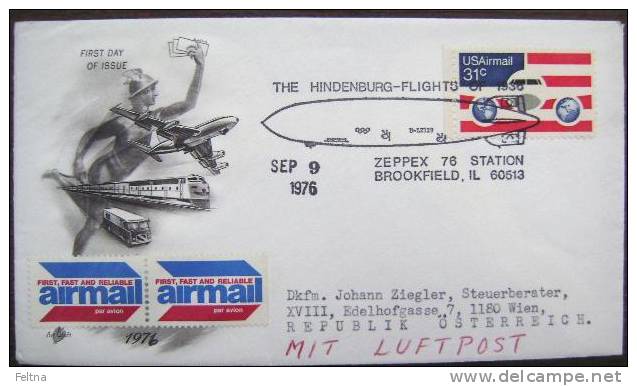 1976 USA FDC SENT TO AUSTRIA WITH ZEPPELIN HINDENBURG CANCELATION - Zeppelin