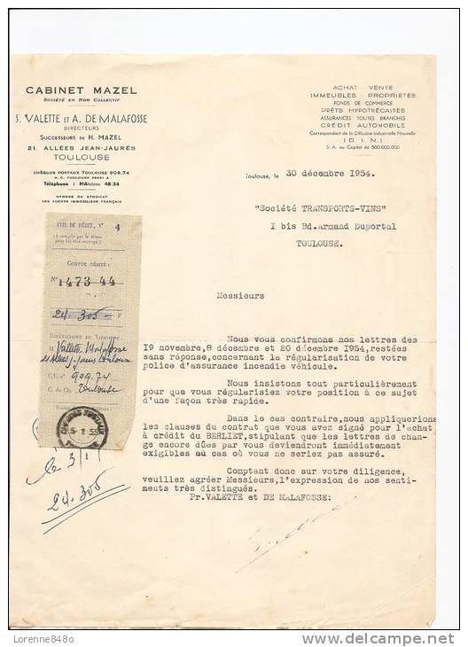 -31- Lettre Du CABINET MAZEL S. VALETTE Et DE MALAFOSSE à Toulouse Pour La Société TRANSPORTS-VINS à Toulouse..de 1954.. - Bank & Insurance