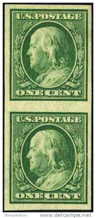 US #383 XF Mint Hinged & Never Hinged 1c Franklin Imperf Vertical Pair From 1910 - Unused Stamps