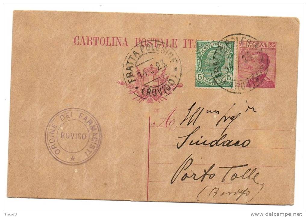 ROVIGO /  PORTO TOLLE - Card_Cartolina Pubblicitaria 14.3.1923  " Ordine Dei FARMACISTI  " -  Cent. 25 + 5 - Storia Postale