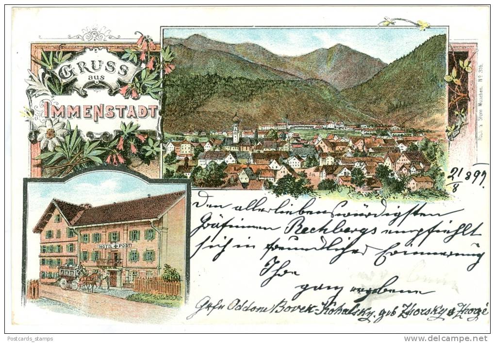 Immenstadt Im Allgäu, Farb-Litho Hotel Post, 1899, Interessante Anschrift ! - Immenstadt