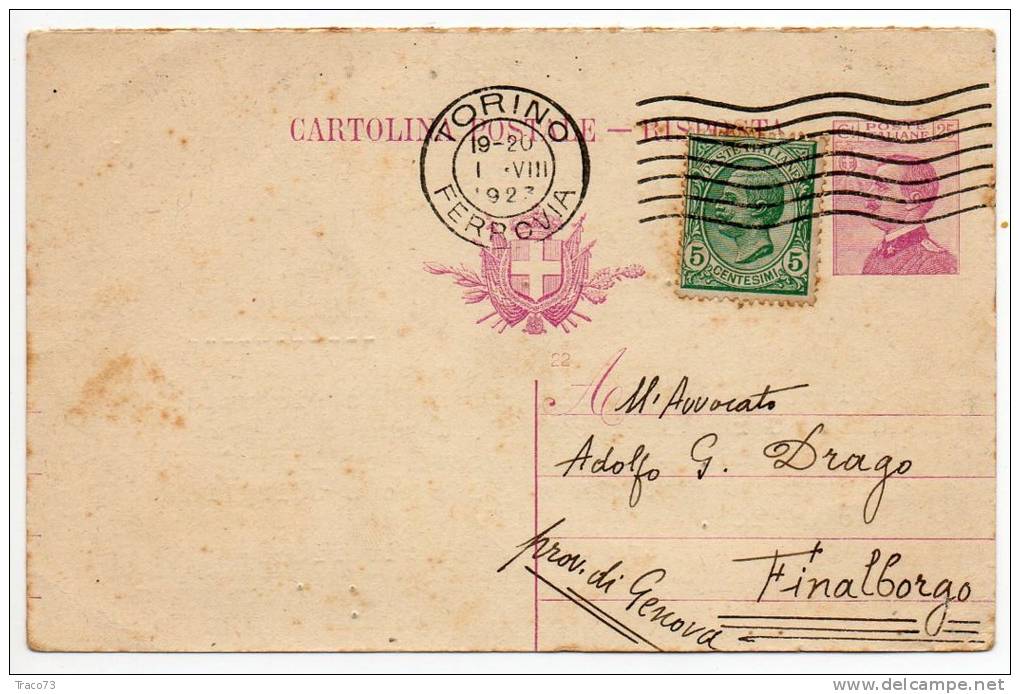 TORINO /  FINALBORGO  - Card_Cartolina Pubblicitaria  1.8.1923  " Ditta C. MANFREDI  " Cent. 25 + 5 - Reclame