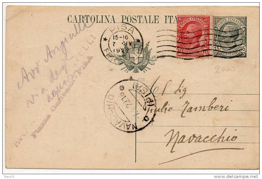 PISA /  NAVACCHIO  - Card_Cartolina Pubblicitaria  7.4.1922  " Avv.  ANGIULLI  " Cent. 15 + 10 - Reclame