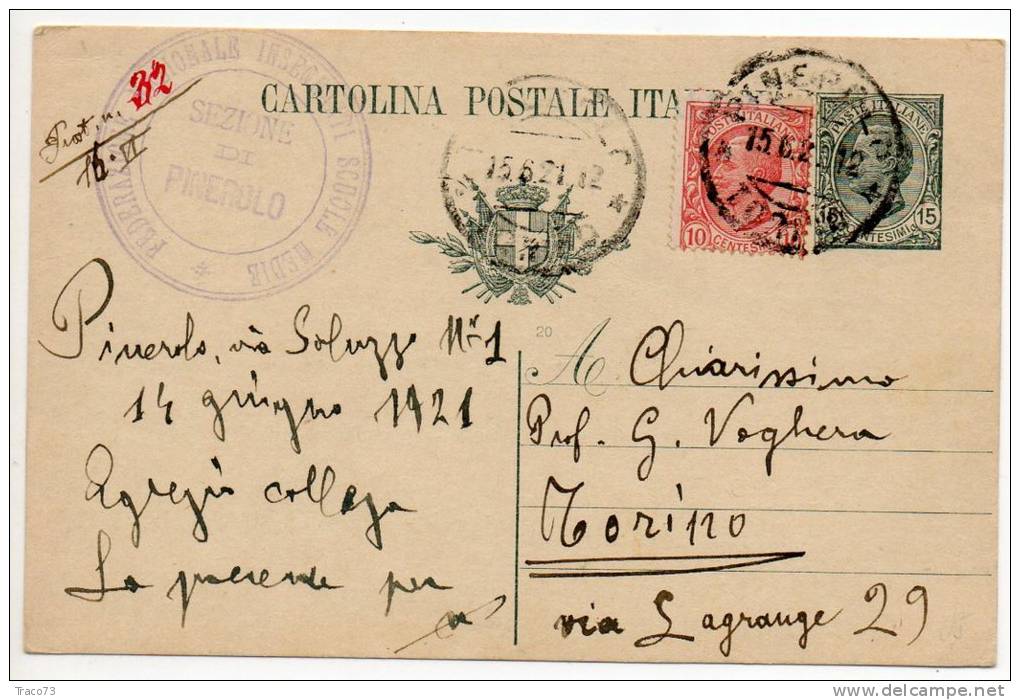 PINEROLO /  TORINO  - Card_Cartolina Pubblicitaria  15.6.1921 "Federaz. Naz. Insegnanti Scuole Medie " Cent. 15 + 10 - Publicité