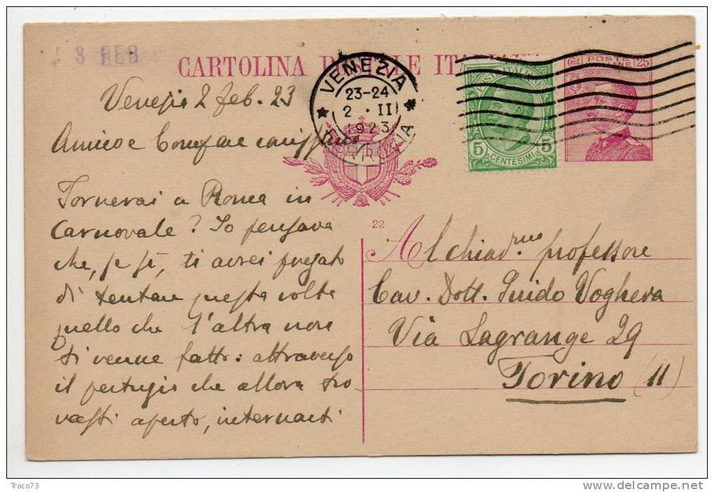 VENEZIA /  TORINO  2.2.1923 - Card_Cartolina Michetti  Da 25 Cent. + 5 - Publicité