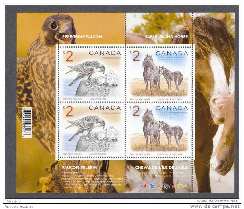 Canada Horses Birds -  Peregrine Falcon Sable Island Wild Horses Souvenir Sheet With Bar Code - Hojas Bloque