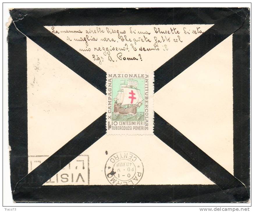 TRAPANI /  PALERMO - 28.5.1940 - Cover_Lettera - Imperiale Cent. 50 Isolato (Erinnofilo Sul Retro) - Storia Postale