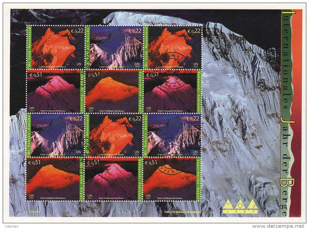 Montañas Y Volcanes - 2002 - Naciones Unidas - Viena - Hoja Block Con 12 Sellos C/matasellos - Volcanos