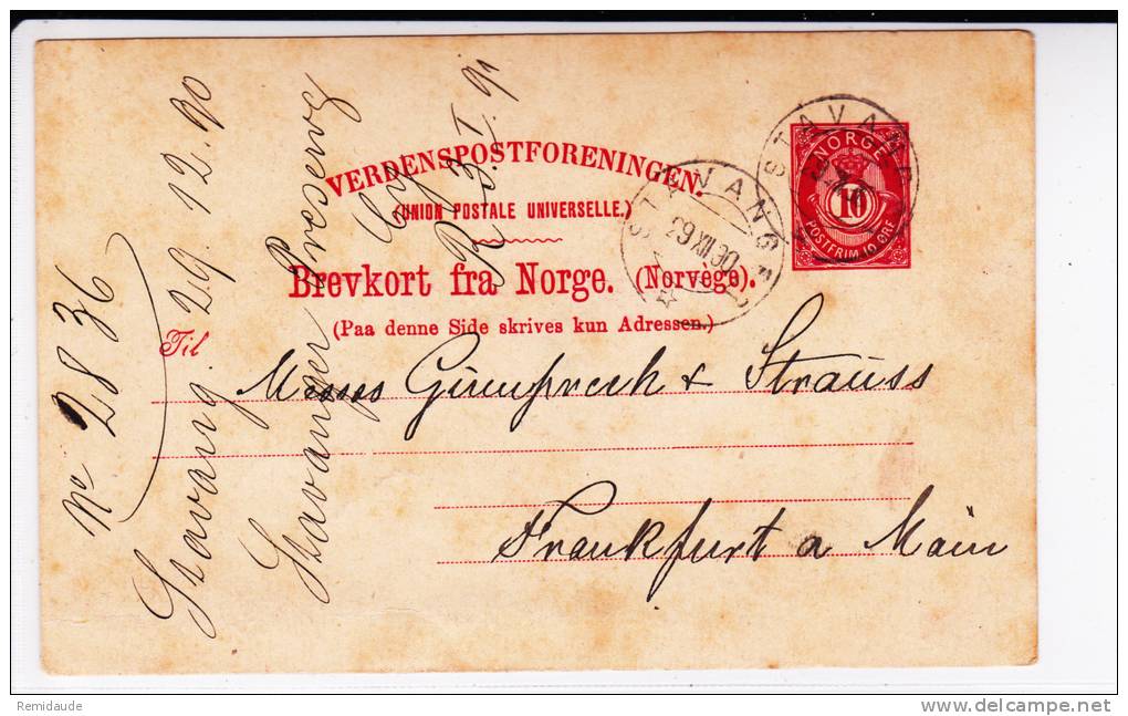 NORGE - 1930 - CARTE POSTALE ENTIER De STAVANGER Pour FRANKFURT (GERMANY) - - Postal Stationery