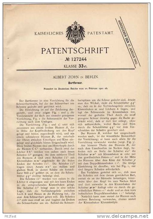 Original Patentschrift - Bartformer , Schnurrbart , 1901 , A. Zorn In Berlin , Bart !!! - Accessoires