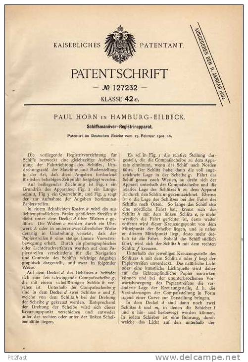 Original Patentschrift - Schiffsmanöver - Registrierapparat , 1901 , P. Horn In Hamburg - Eilbeck , Schiff !!! - Altri & Non Classificati