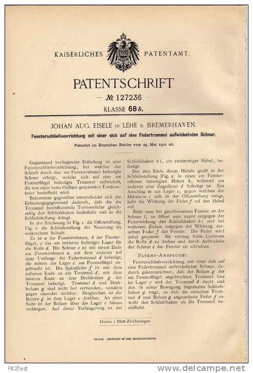 Original Patentschrift - J. Eisele In Lehe B. Bremerhaven , 1901 , Fenster - Schließvorrichtung  !!! - Architecture