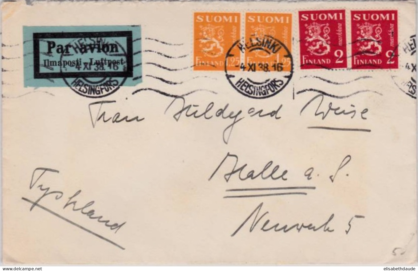 FINLAND - 1938 - ENVELOPPE Par AVION De HELSINKI => HALLE (GERMANY) - Storia Postale