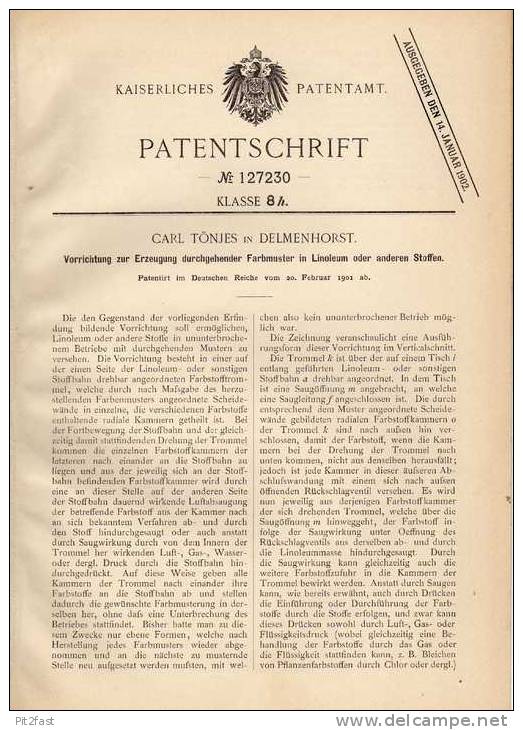 Original Patentschrift - C. Tönjes In Delmenhorst , 1901 , Linoleum - Erzeugung , Muster  !!! - Architecture