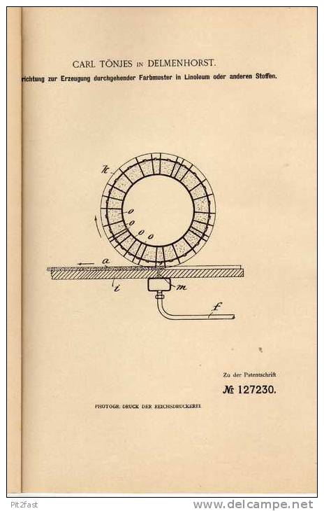 Original Patentschrift - C. Tönjes In Delmenhorst , 1901 , Linoleum - Erzeugung , Muster  !!! - Architektur
