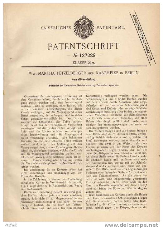 Original Patentschrift - Versteifung Für Korsett , 1900 , M. Petzelberger In Berlin !!! - 1900-1940