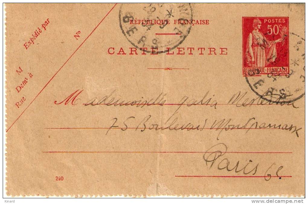 CARTE LETTRE ENTIER POSTAL .. 283 CL1.rouge Sur Chamois .  1934. - Cartoline-lettere