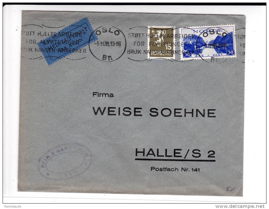 NORGE - 1938 - ENVELOPPE Par AVION De OSLO Pour HALLE - MECA - Cartas & Documentos