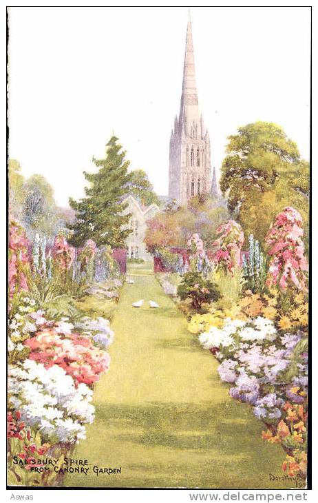 ARTIST SIGNED PC: SALISBURY CATHEDRAL AND SPIRE From CANONRY GARDEN, WILTSHIRE - Salisbury