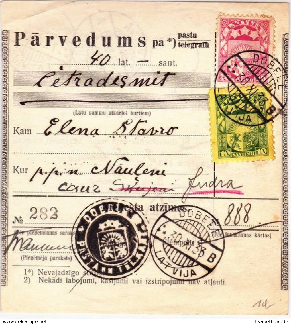 LETTONIE - 1933 - COUPON MANDAT De DOBELE Pour PUSTINA Puis INDRA - Lettland