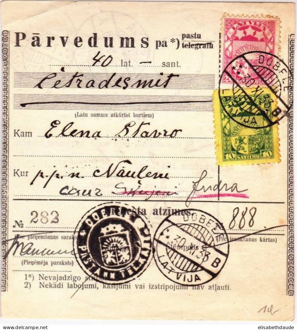 LETTONIE - 1933 - COUPON MANDAT De DOBELE Pour PUSTINA Puis INDRA - Lettonie