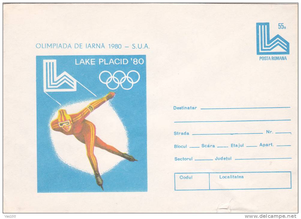 WINTER OLYMPICS, LAKE PLACID, SKATING, 1980, COVER STATIONERY, ENTIER POSTAL, UNUSED, ROMANIA - Invierno 1980: Lake Placid
