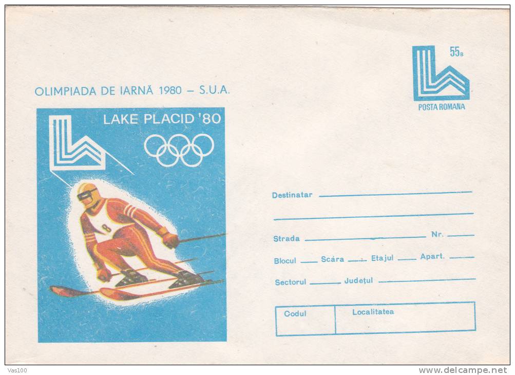 WINTER OLYMPICS, LAKE PLACID, SKI, 1980, COVER STATIONERY, ENTIER POSTAL, UNUSED, ROMANIA - Hiver 1980: Lake Placid