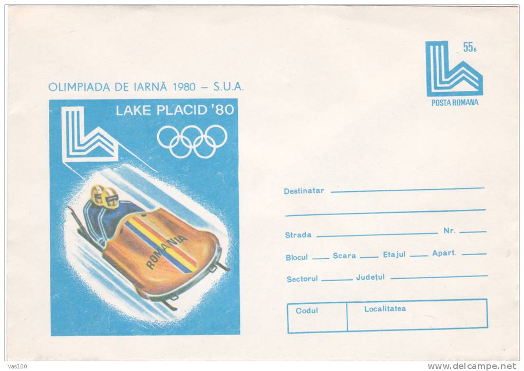 WINTER OLYMPICS, LAKE PLACID, BOB, 1980, COVER STATIONERY, ENTIER POSTAL, UNUSED, ROMANIA - Hiver 1980: Lake Placid